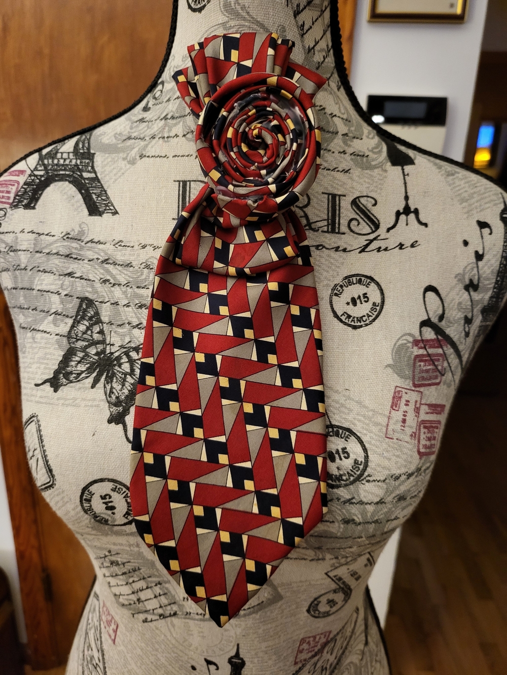 Upcycled Men's Necktie For Women Decorative Geometric Cravat with Floral Knot.